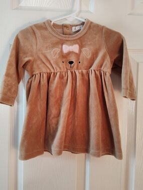 Angel Dear Tan Velvet Bear Dress with Pink Bow